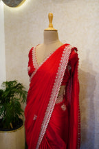 ✨Crimson Elegance Embroidered Silk Saree