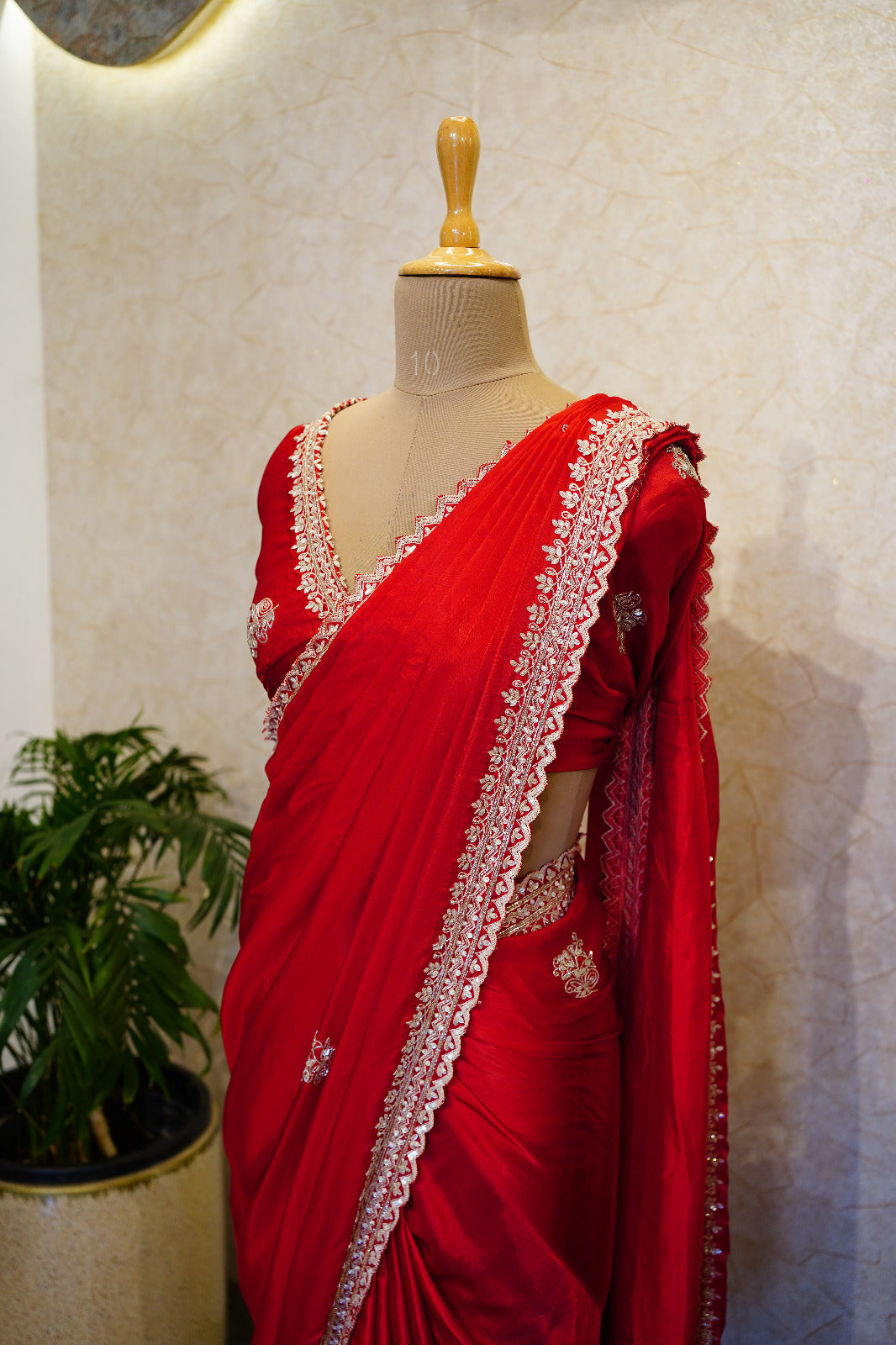 ✨Crimson Elegance Embroidered Silk Saree