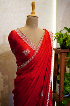 ✨Crimson Elegance Embroidered Silk Saree