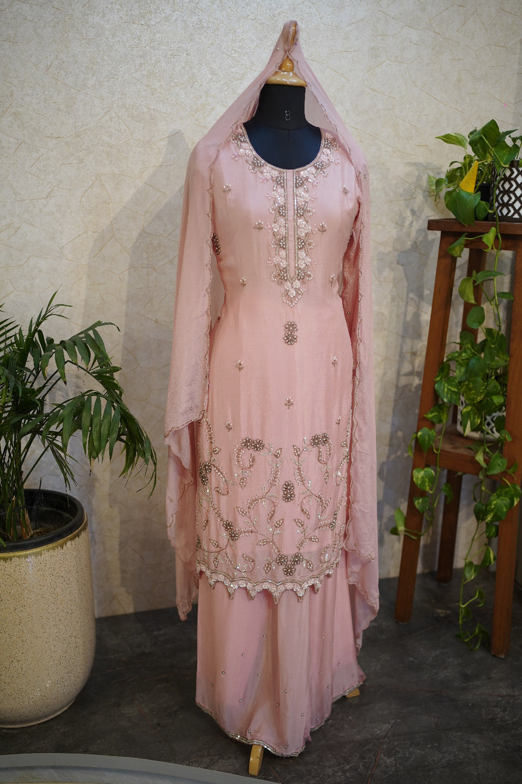 🌸Hand-Embroidered Sharara Set with Scalloped Dupatta-C 2053