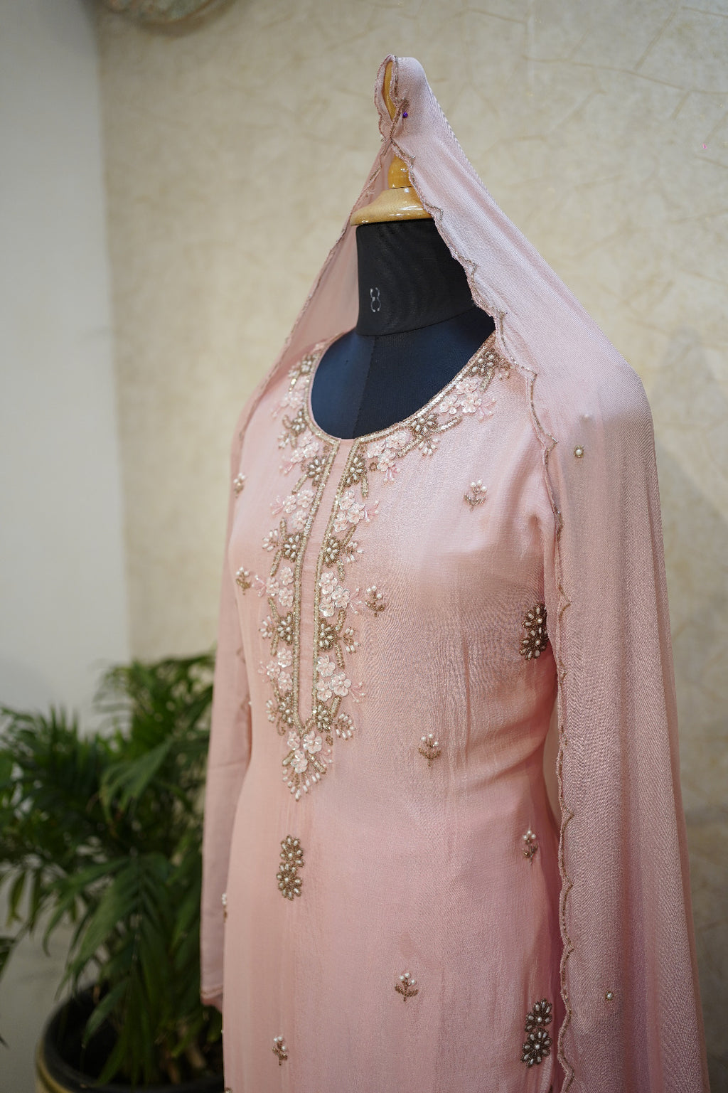 🌸Hand-Embroidered Sharara Set with Scalloped Dupatta-C 2053
